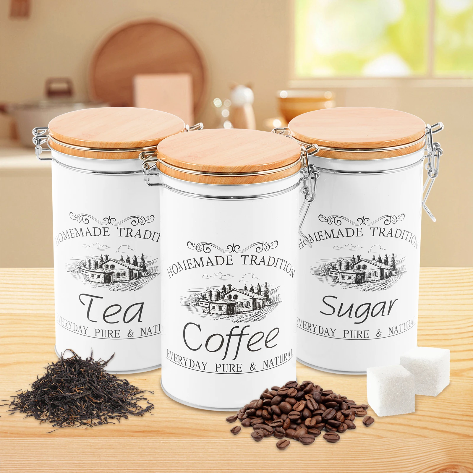 Food Storage Metal Box - 3개 세트 차 커피 설탕 용기
